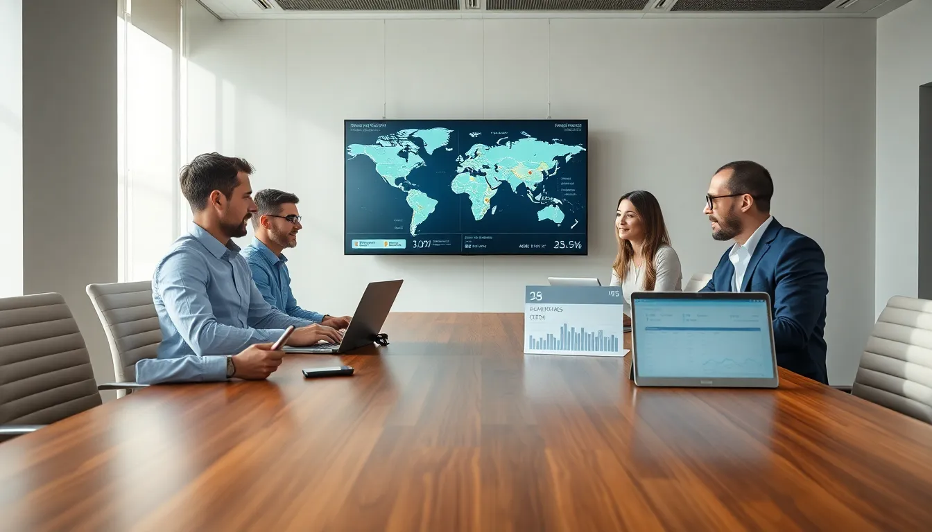 team of logistics professionals in a modern office meeting.