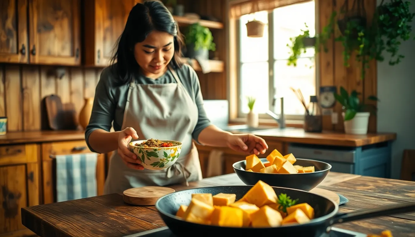 Home kitchen with a woman preparing home style tofu.