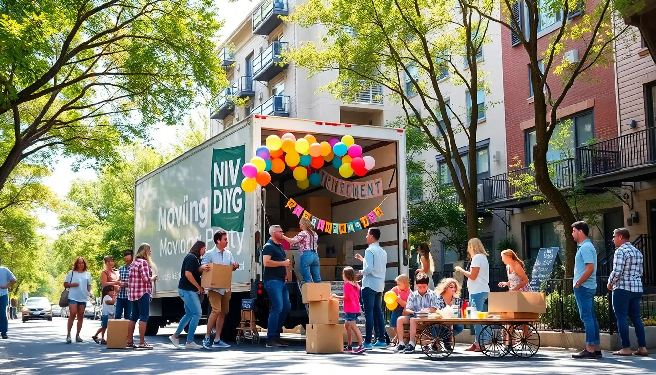diverse group celebrating National Moving Day with a moving truck and picnic.