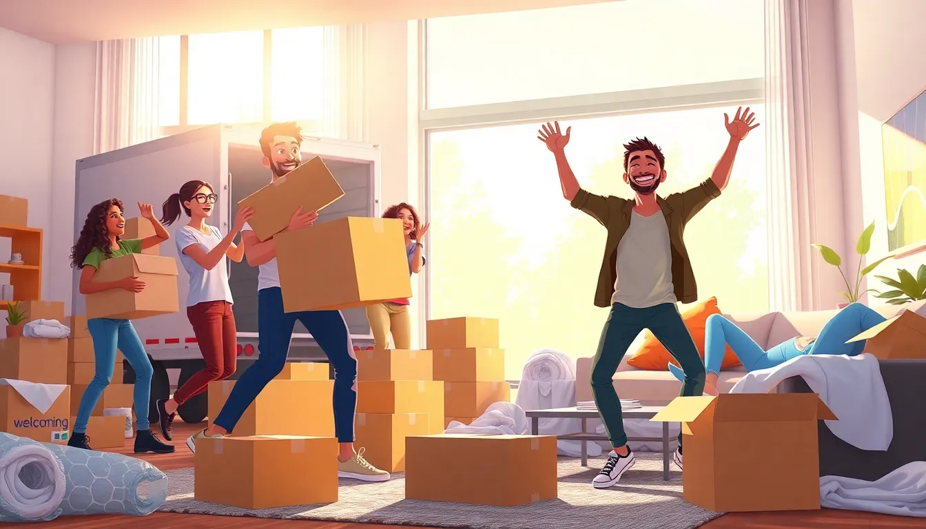 diverse friends sharing moments during a chaotic yet fun moving day.