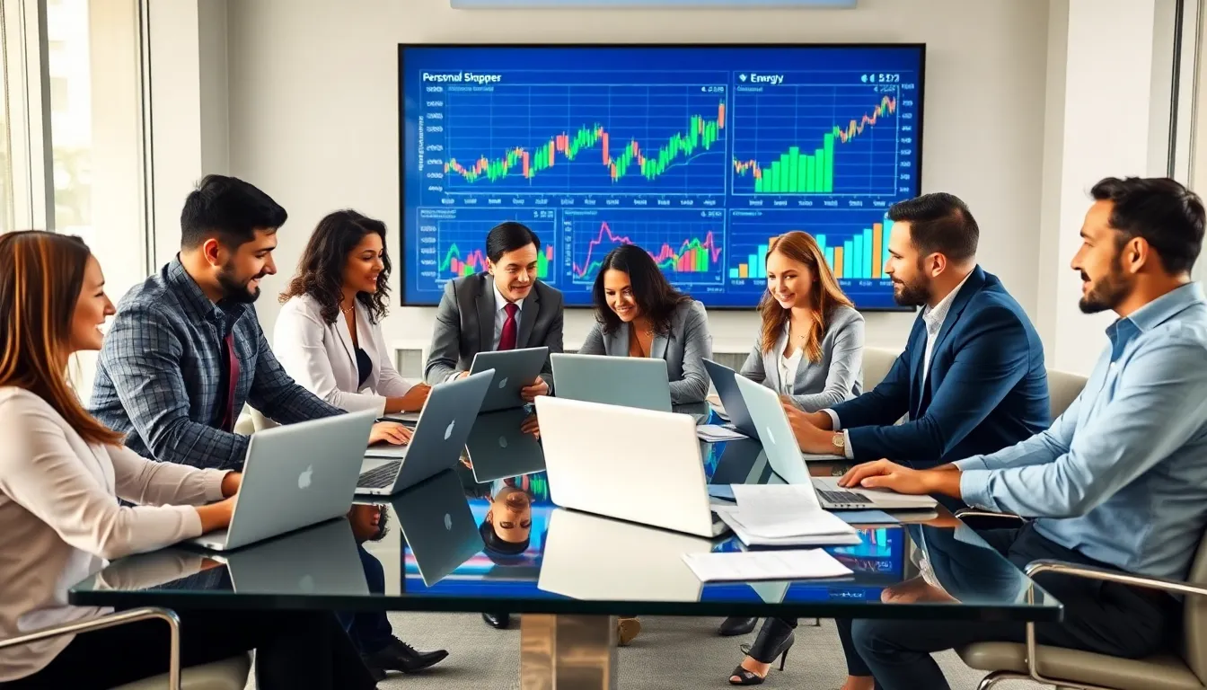 diverse team of energy brokers discussing energy rates in a modern office.