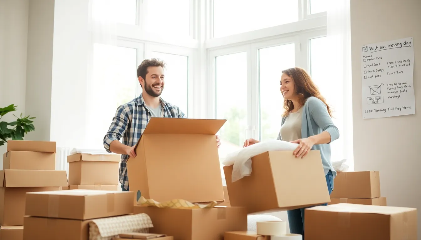 couple packing boxes happily in a bright living room.