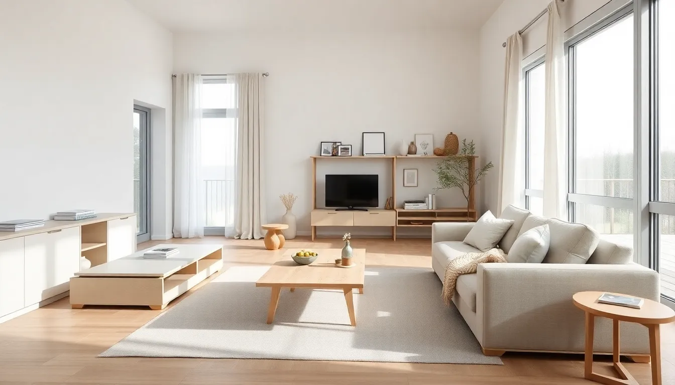 Scandinavian-style living room with minimalistic furniture and natural materials.