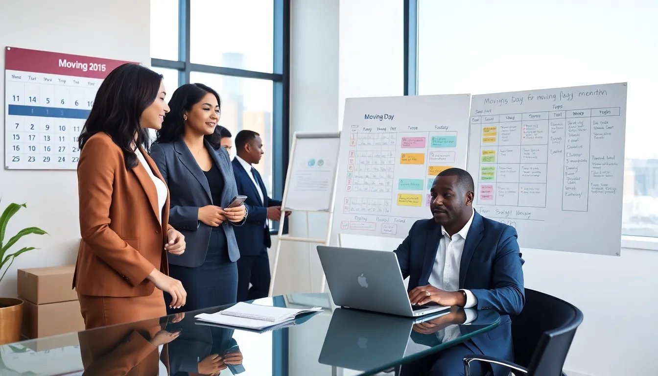 diverse team strategizing for moving day in a modern office.