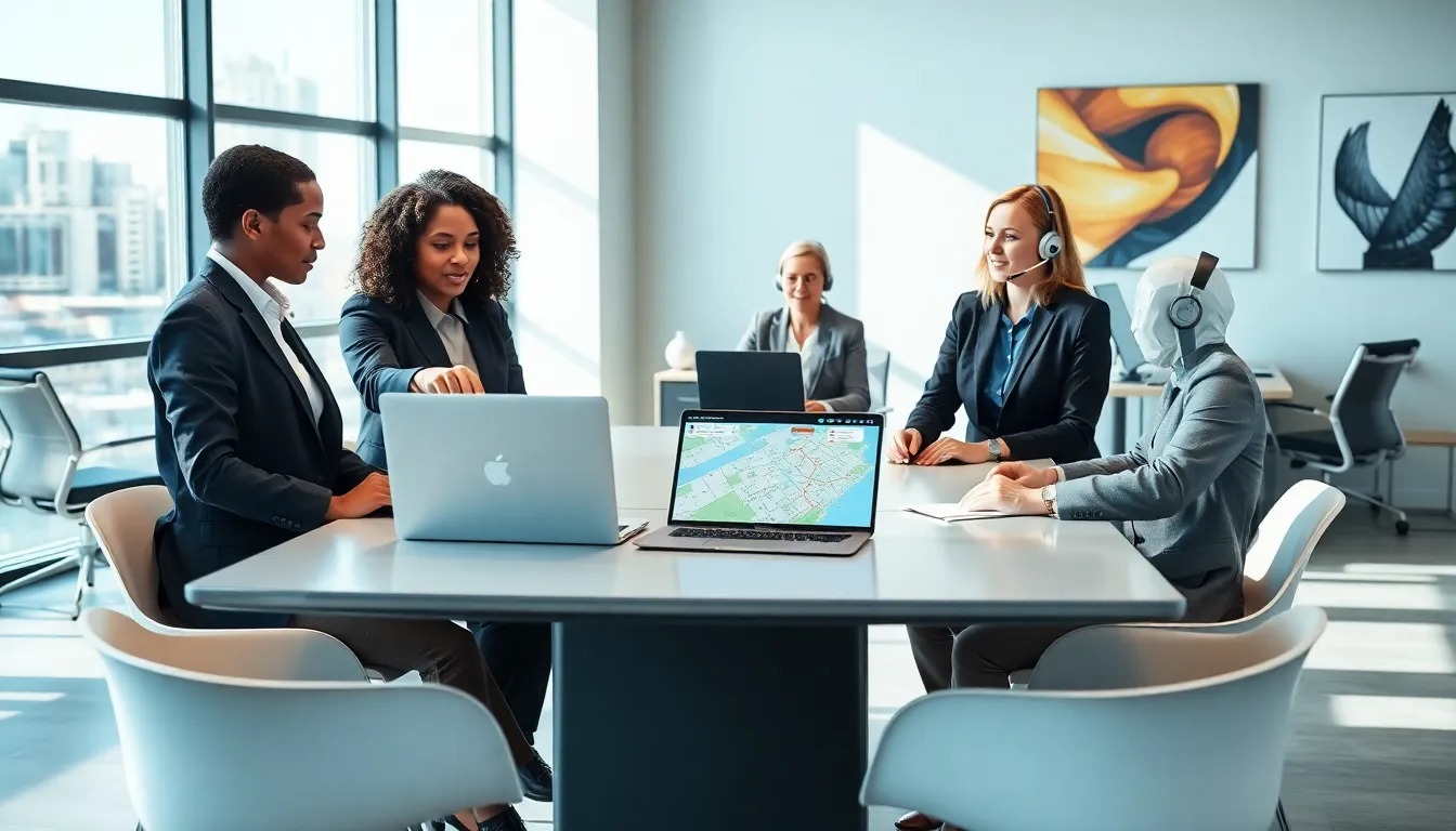 diverse team collaborating in a modern office on transportation brokerage services.