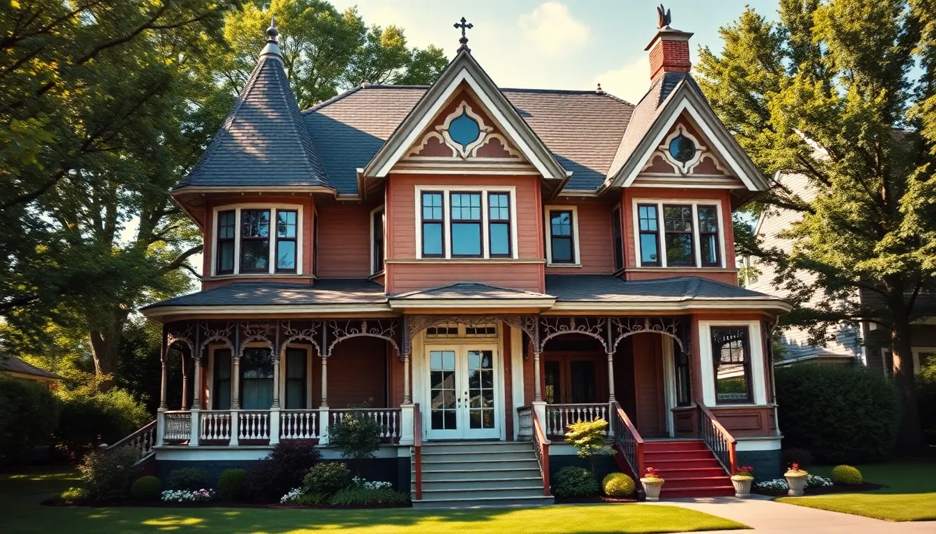 A Queen Anne style home with a grand porch and distinctive roof design.