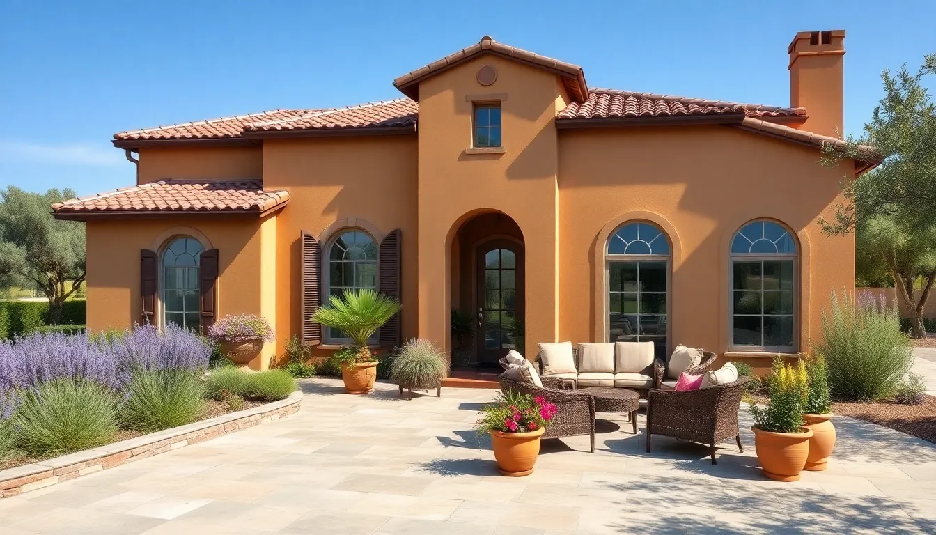 Mediterranean-style home with terracotta roof and inviting outdoor space.