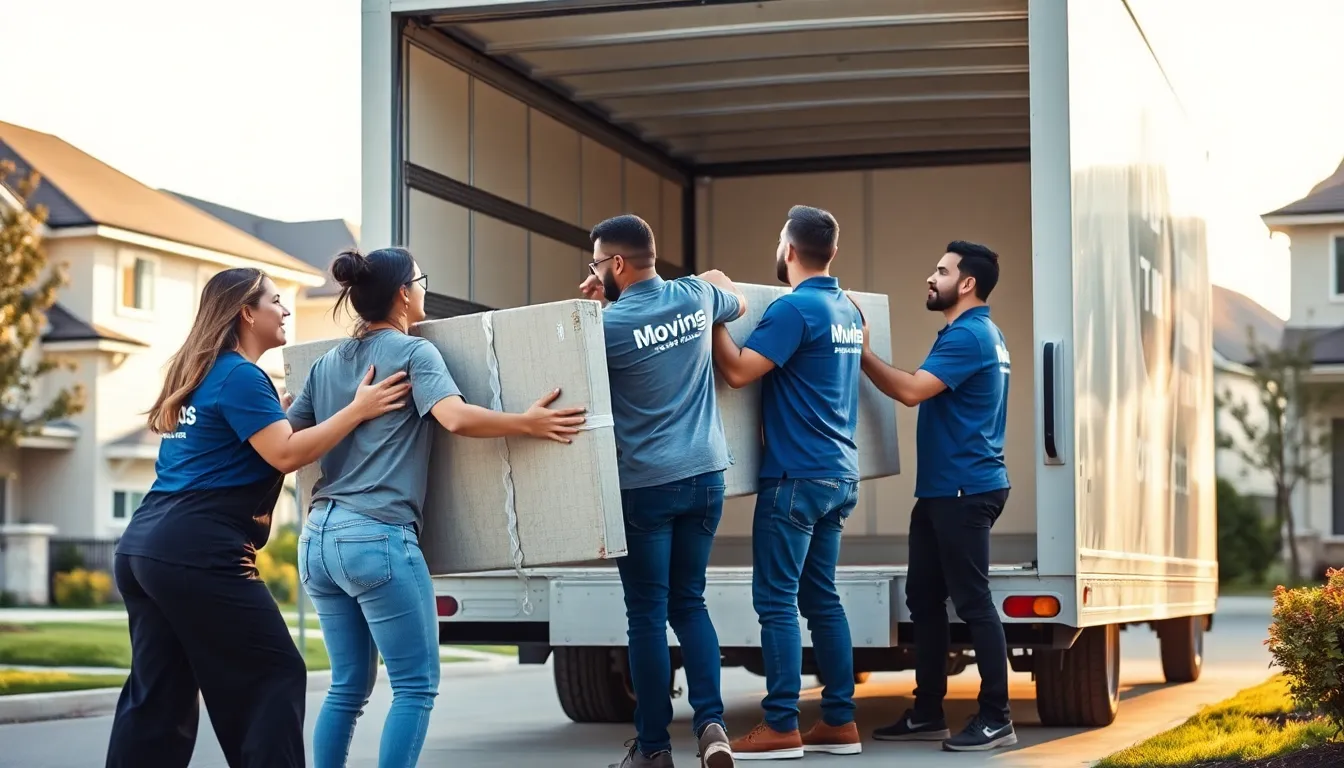 diverse moving team loading a truck in an urban setting.