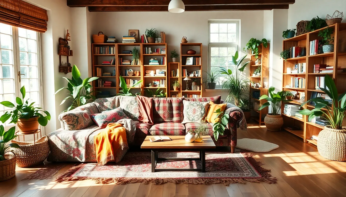 Eclectic living room showcasing vibrant bohemian style decor.
